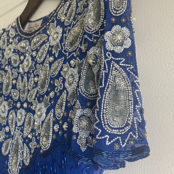 Vintage 80s Laurence Kazar 100% silk royal blue sequin/ beaded mini dress - Picture 6 of 8
